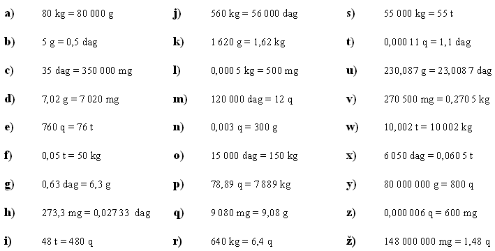 Převody jednotek hmotnosti - Příklad 1 - Výsledky